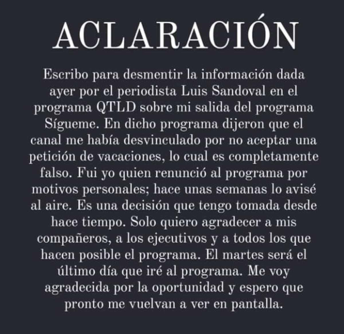 La influencer aclaró su salida de Sígueme. Créditos: Instagram
