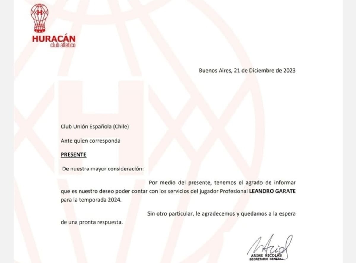 La carta de Huracán hacia Unión Española por Leandro Garate.