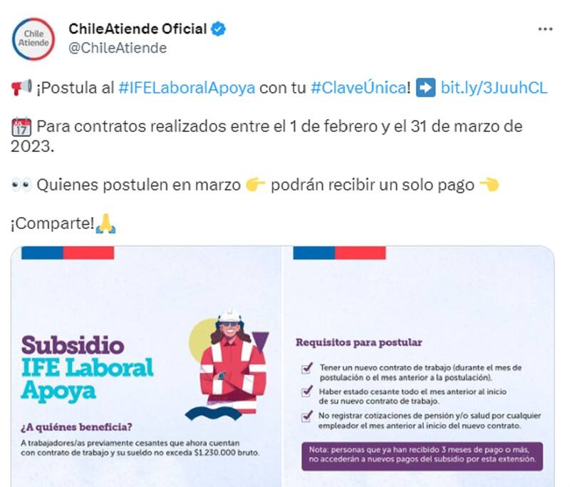 Conoce cómo puedes acceder a este beneficio y cuáles son los requisitos del IFE Laboral. Créditos: Captura de pantalla de tweet de Chile Atiende.