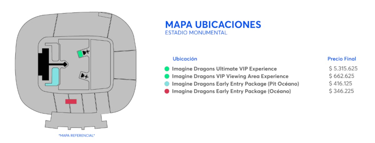 Precio y ubicaciones de los paquetes VIP.
