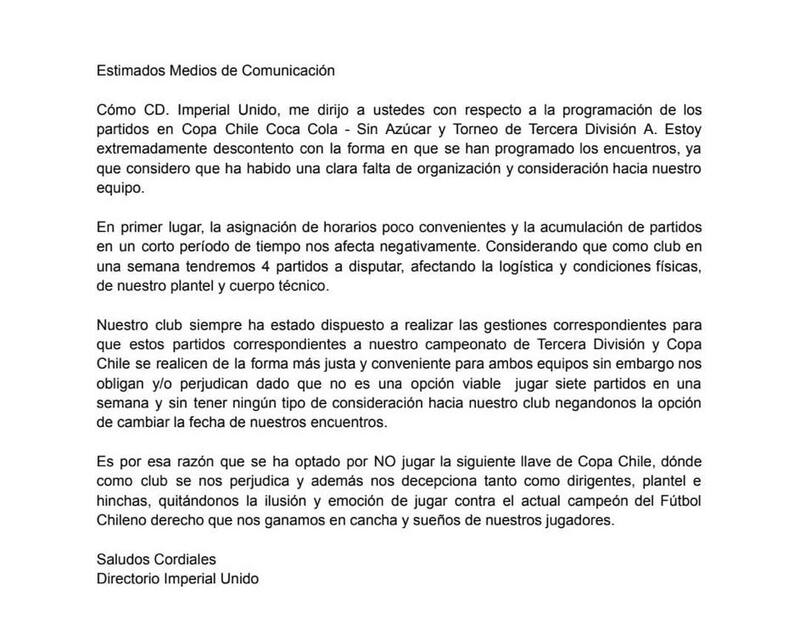 Imperial Unido y su carta a los medios de comunicación.
