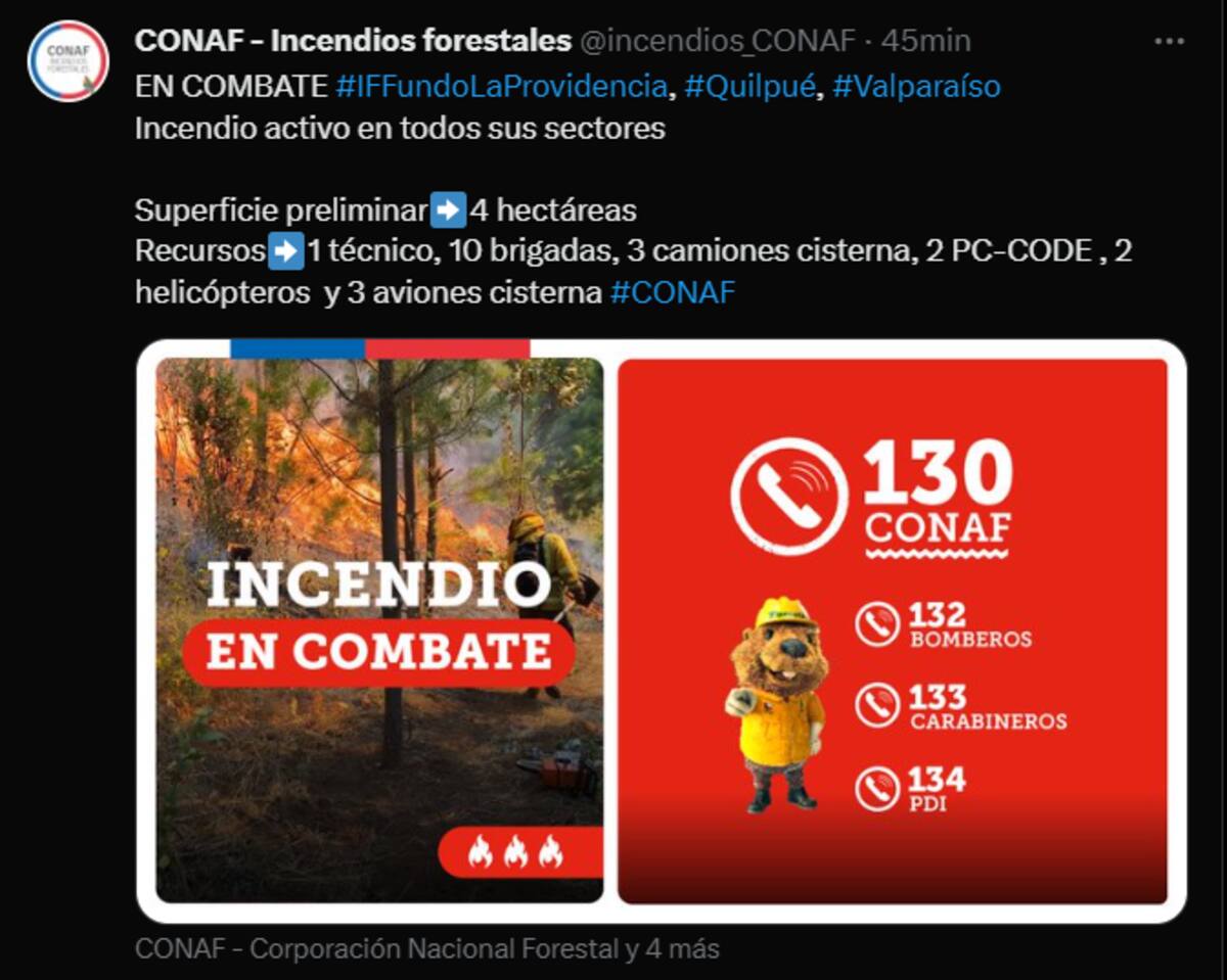 Cuenta oficial de CONAF en "X" alertando sobre el incendio.