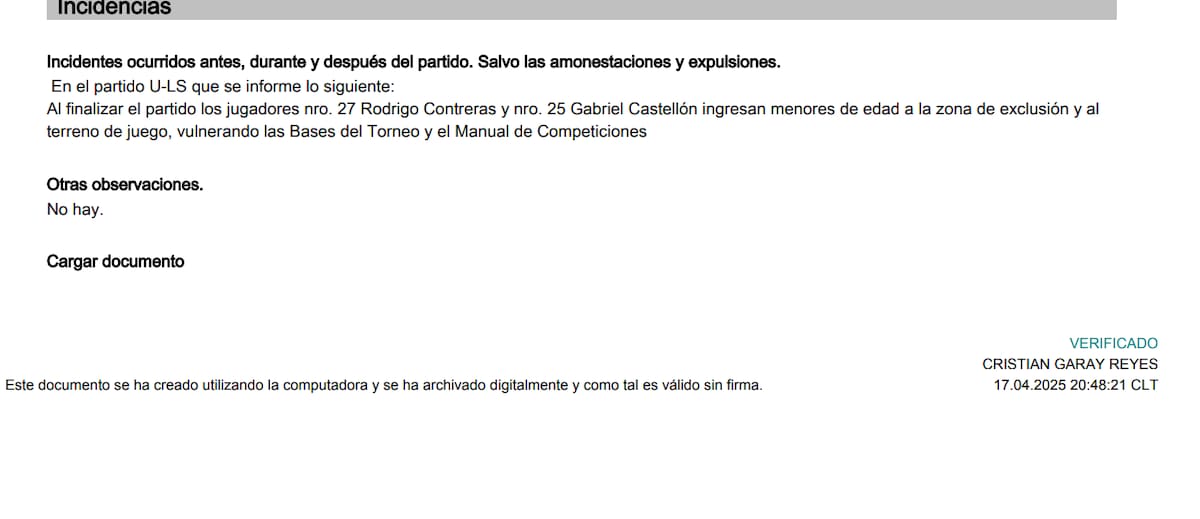 Rodrigo Contreras y Gabriel Castellón fueron mencionados en el informe del partido ante La Serena.