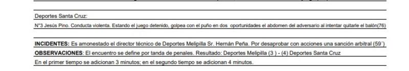 Jugador de Santa Cruz agredió sin pelota a un rival de Melipilla.