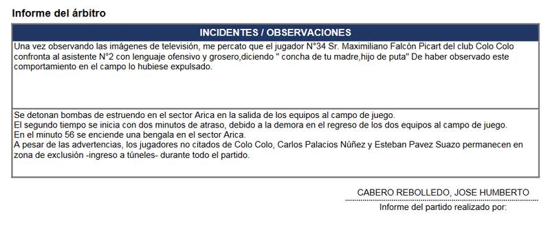 Este fue el informa arbitral de José Cabero que condena a Maximiliano Falcón.