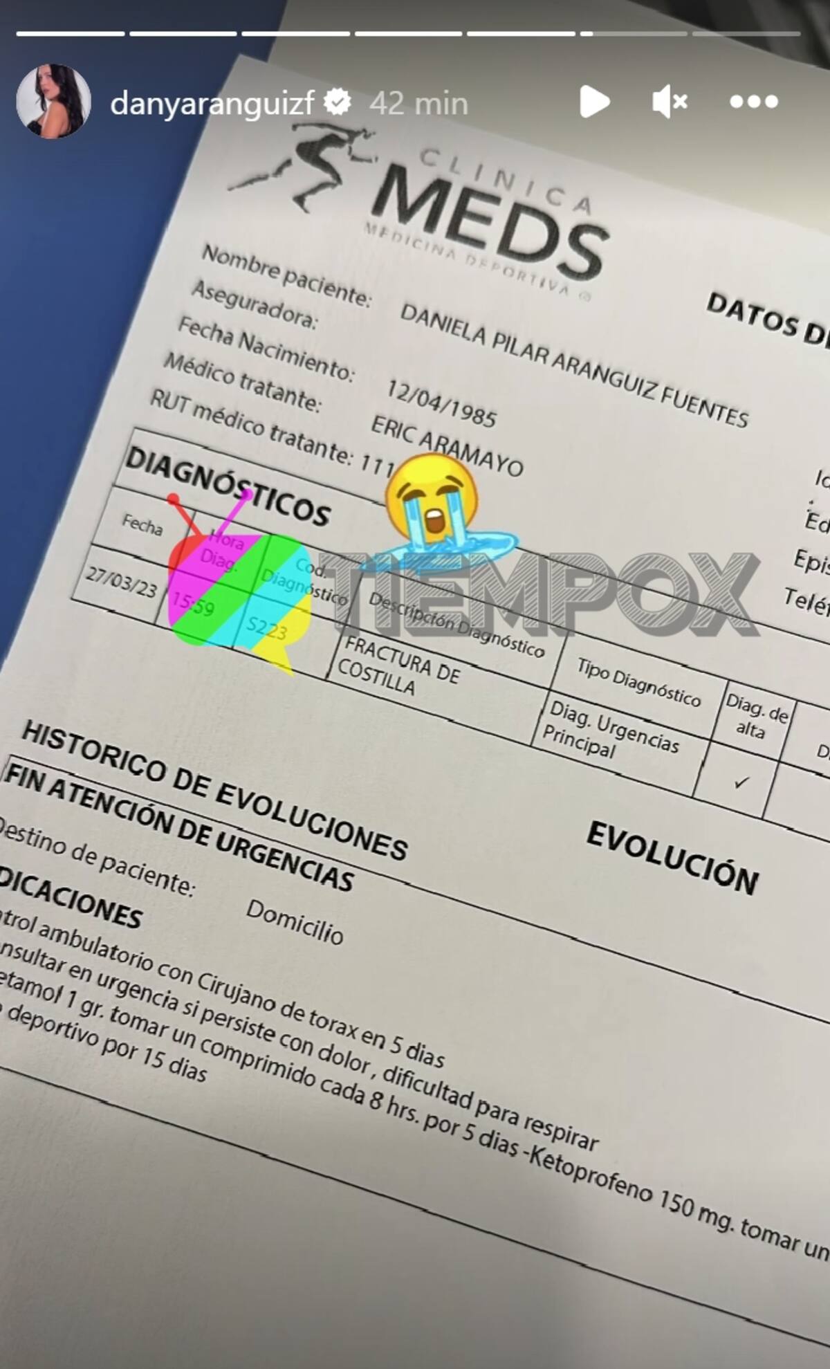 Informe médico de Daniela Aránguiz / Créditos: Instagram