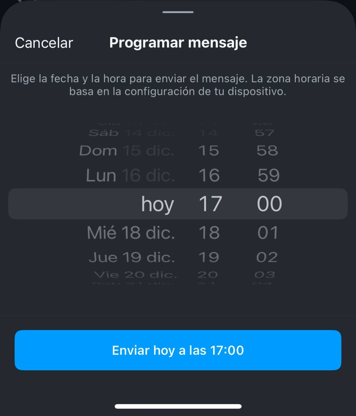 Este es el recuadro que aparecerá a la hora de programar los mensajes.