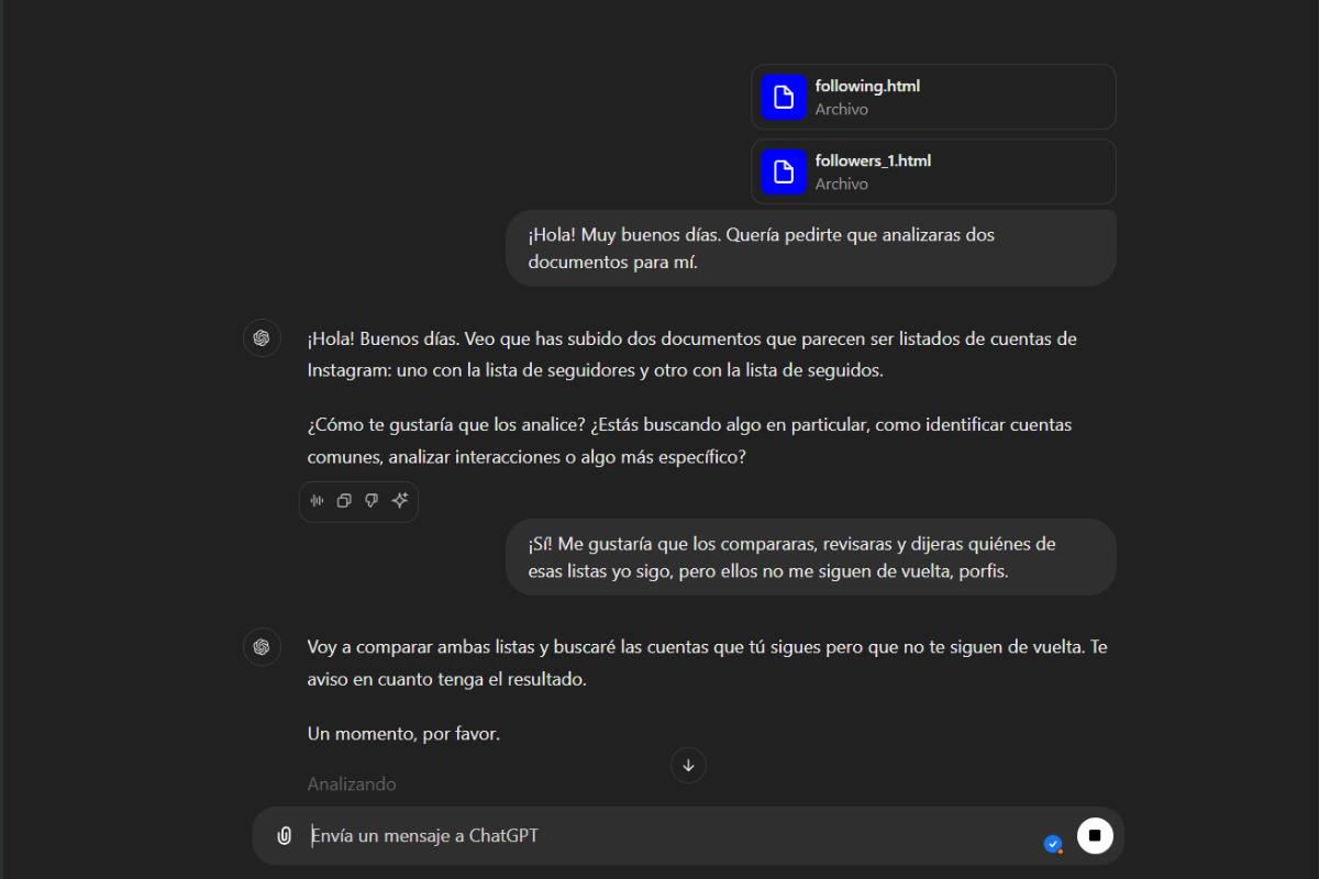 Tendrás que adjuntar a tu mensaje los dos archivos necesarios que ChatGPT analizará.