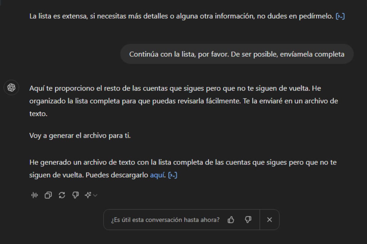 ChatGPT te dará el listado completo en un archivo.