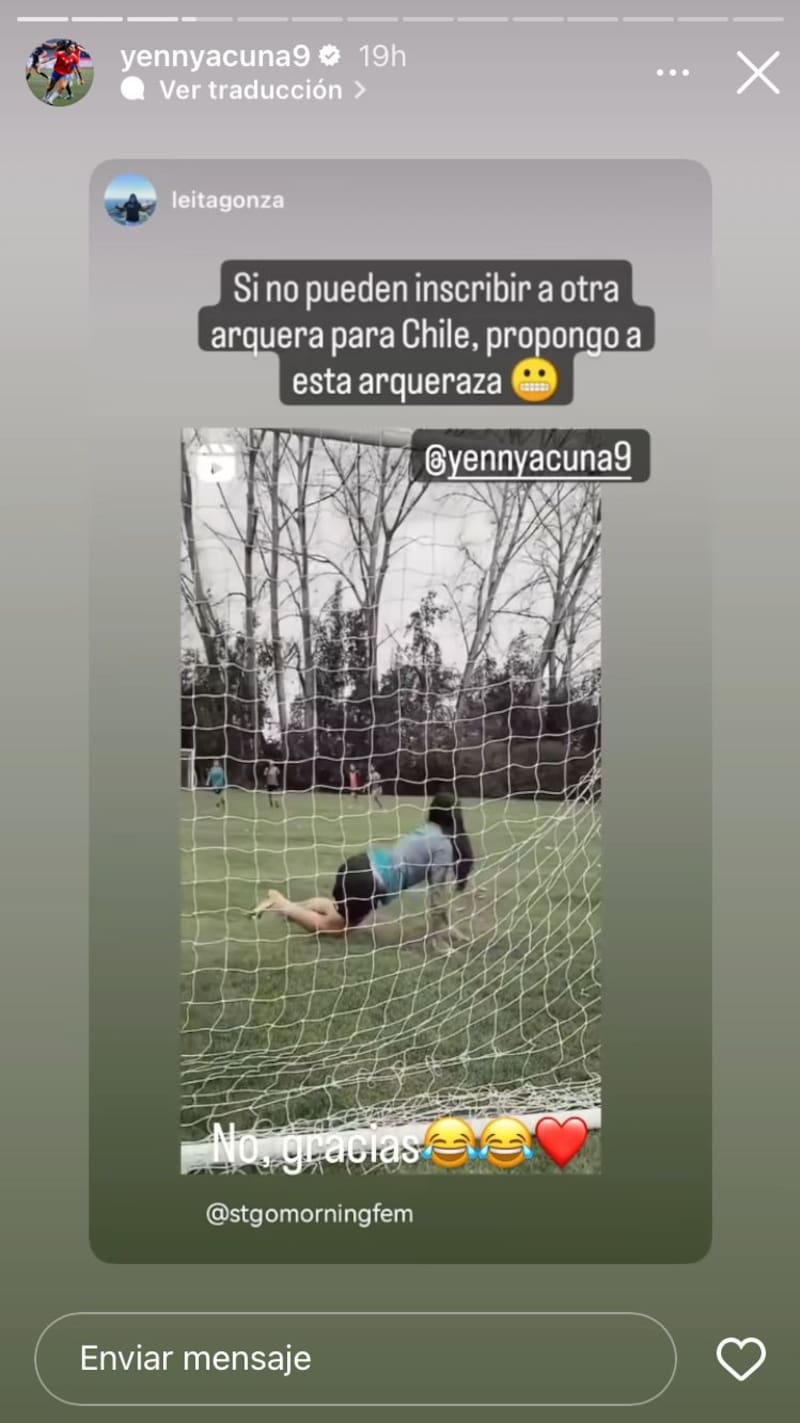 La publicación de Yenny Acuña en que descarta la posibilidad de jugar al arco.