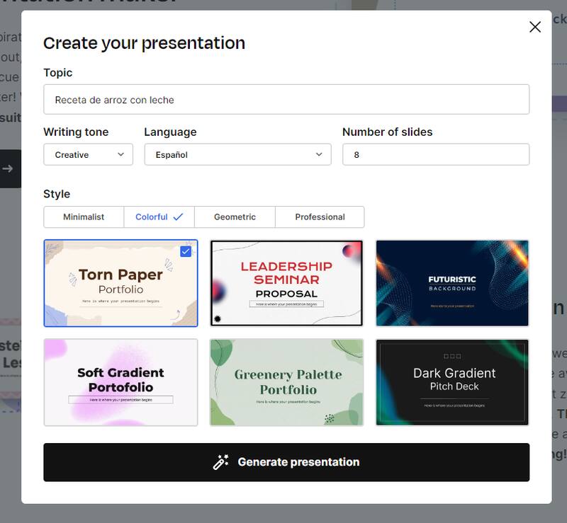 Tendrás que elegir el tono que quieras que tenga tu presentación, el idioma y cantidad de diapositivas.