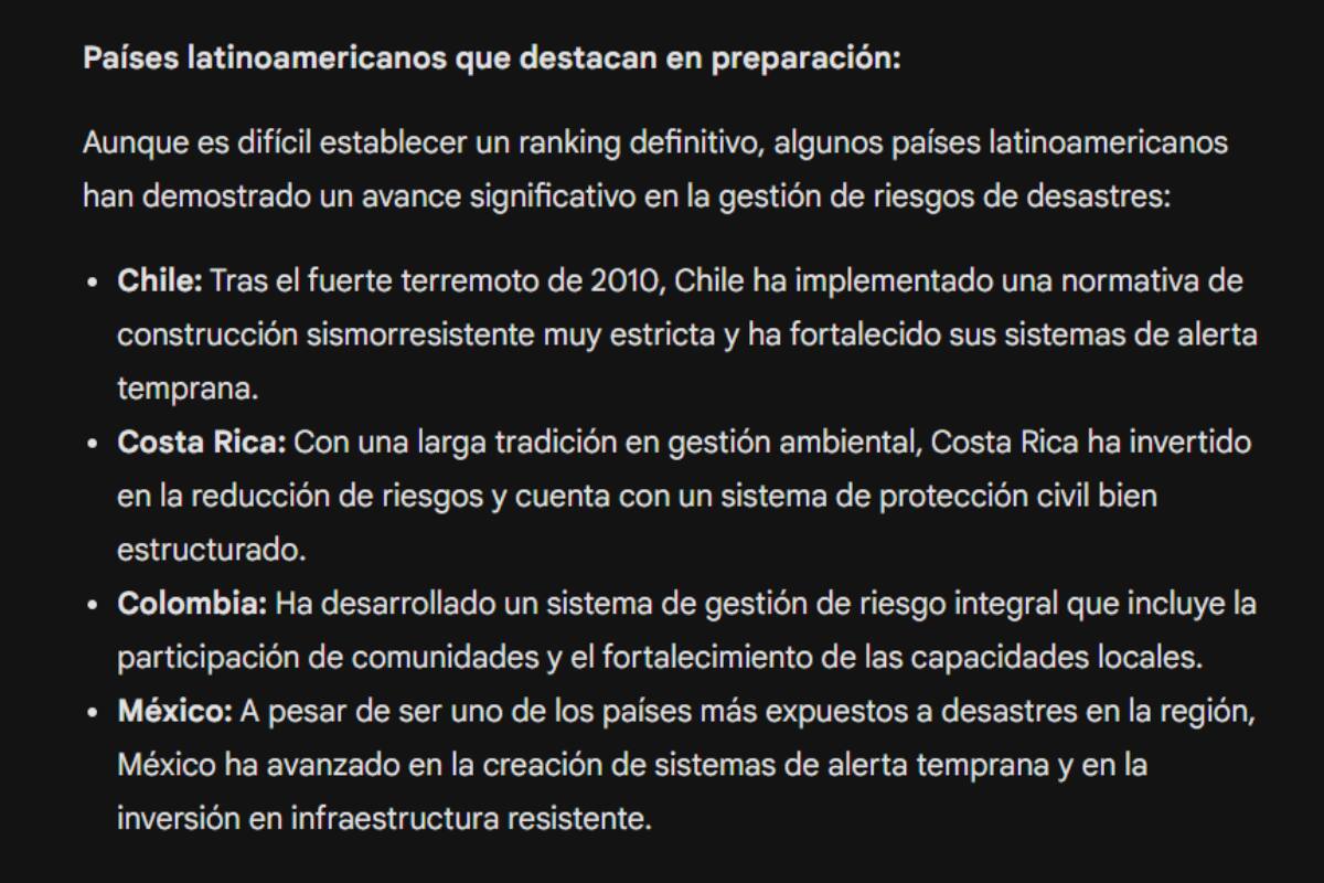 Respuesta de Gemini por los países más preparados ante un desastre natural.