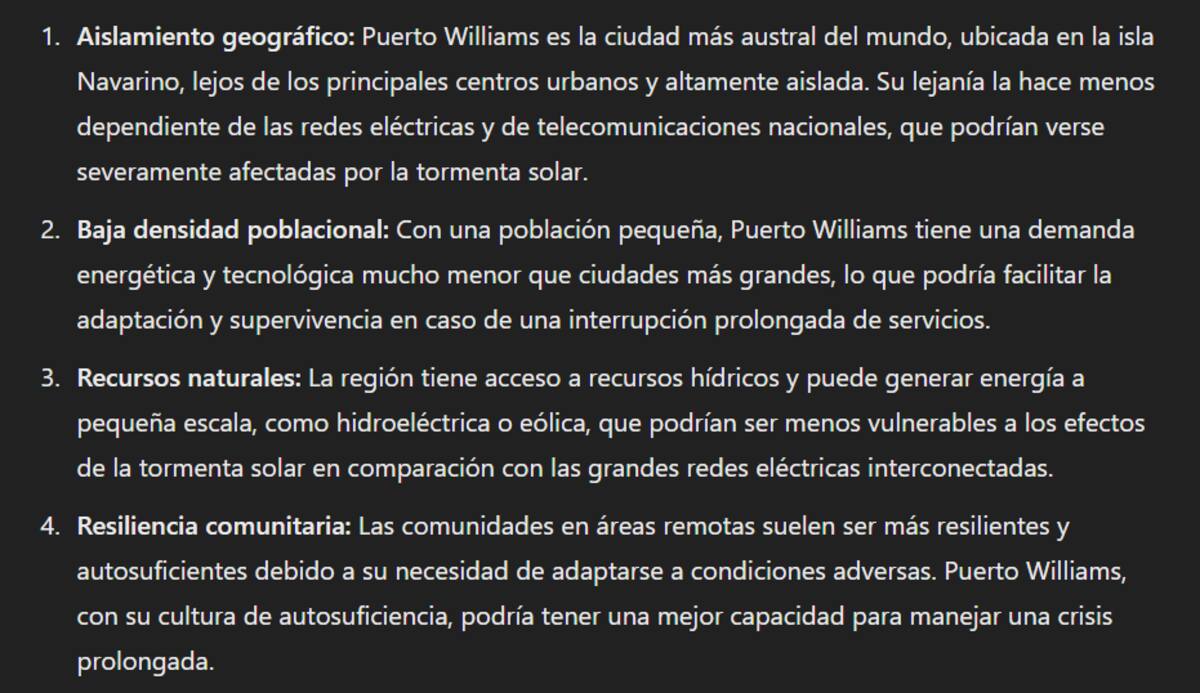 Estas fueron las razones que dio la IA para elegir Puerto Williams como el último sobreviviente a una tormenta solar apocalíptica.