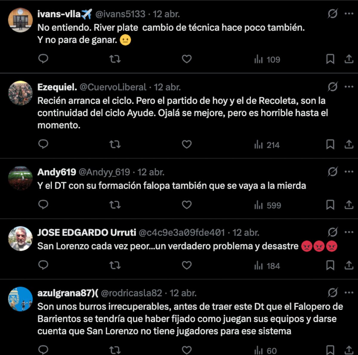 Primera críticas de hinchas de San Lorenzo a Gustavo Álvarez. Foto: Captura.