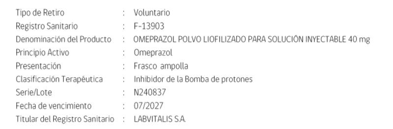 retira del mercado un lote de Omeprazol inyectable de 40 mg.