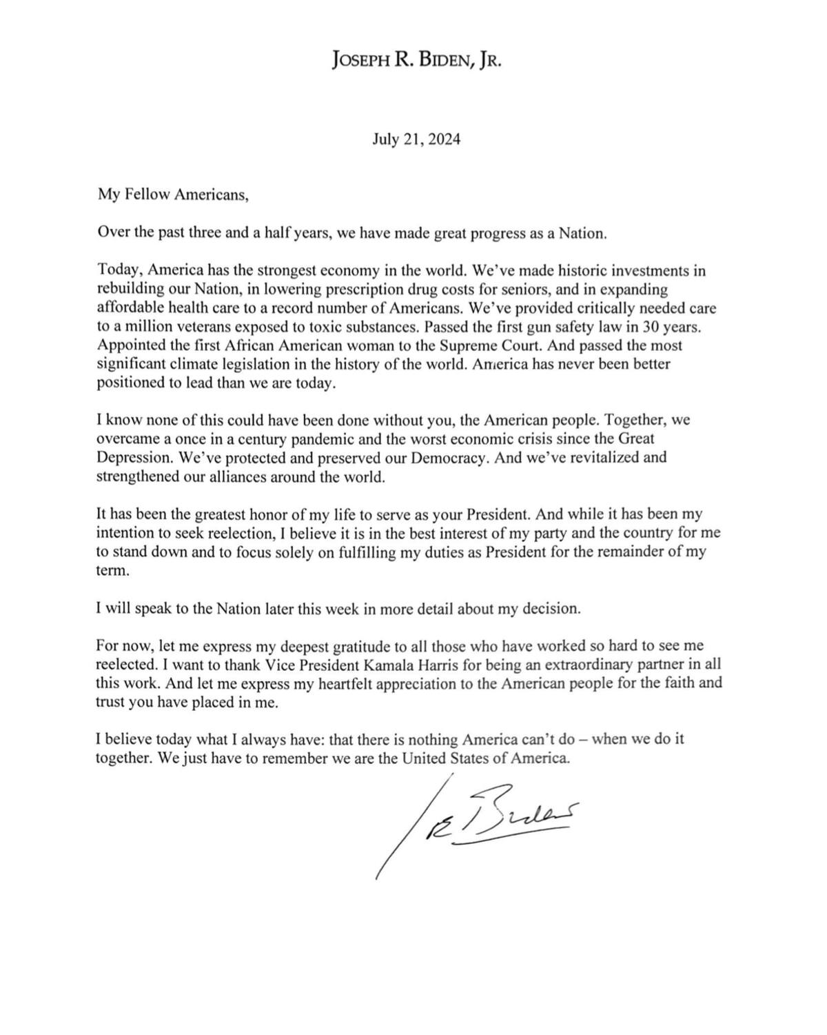 Comunicado de Joe Biden.