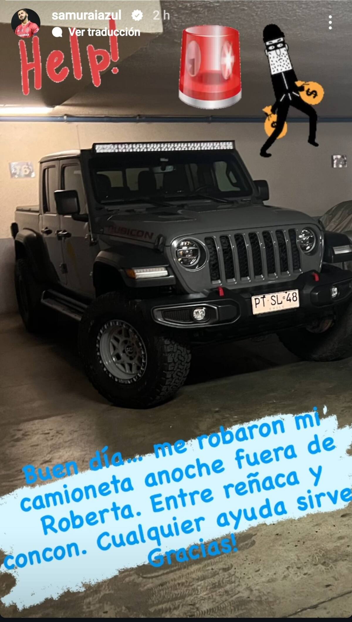 La publicación en la que Herrera denuncia el robo de su vehículo.