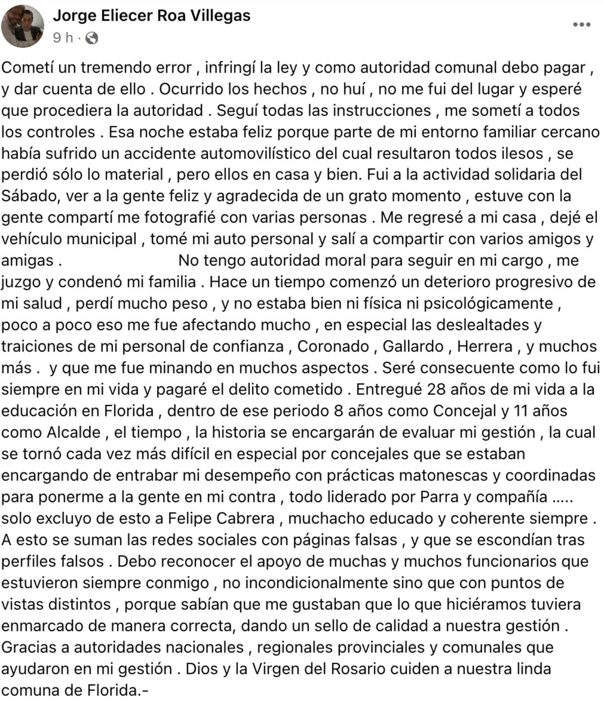 Esta es la declaración en Facebook que escribió la madrugada de este lunes el alcalde José Roa de Florida.