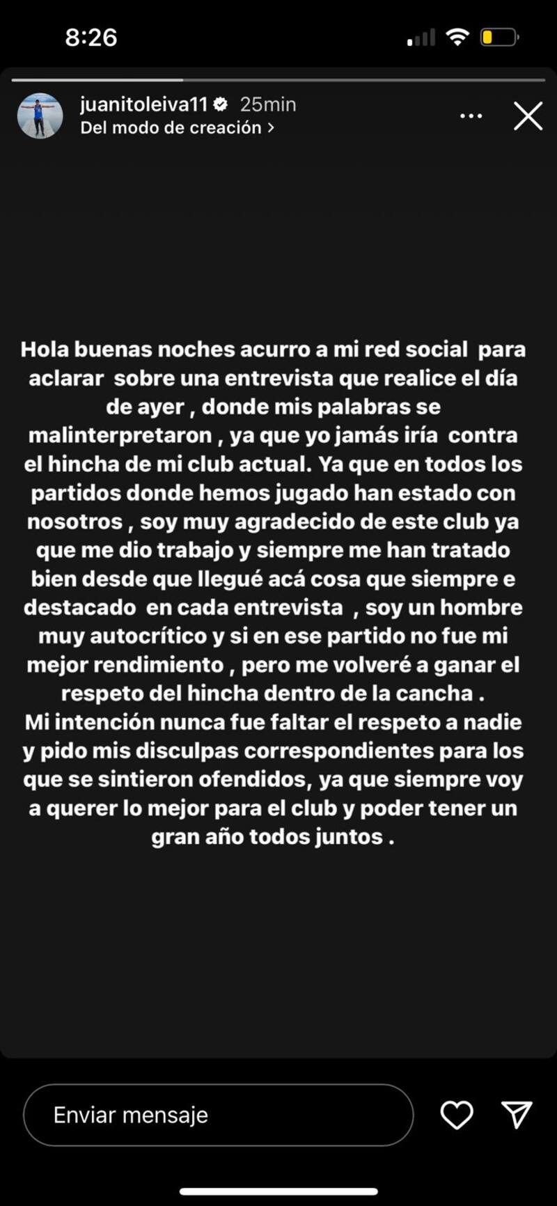 La declaración de Juan Leiva sobre sus dichos tras la derrota ante Audax Italiano.