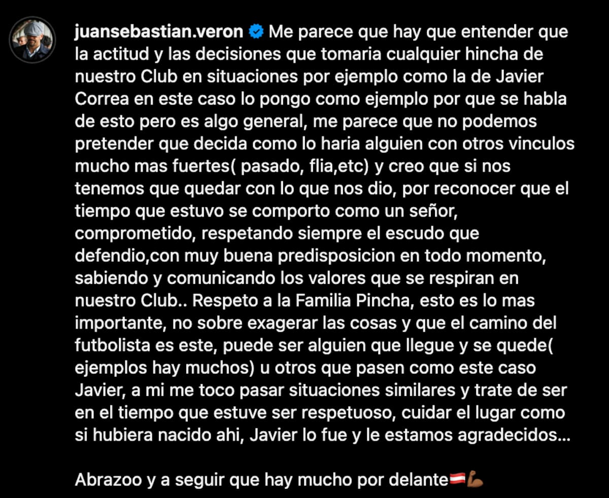 Juan Sebastián Verón y su mensaje en Instagram sobre Javier Correa.