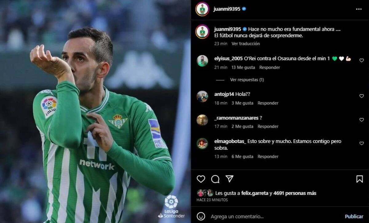 El delantero español criticó la falta de minutos que tuvo en Betis ante Espanyol.