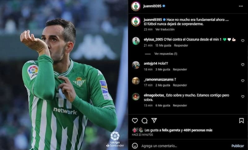 El delantero español criticó la falta de minutos que tuvo en Betis ante Espanyol.
