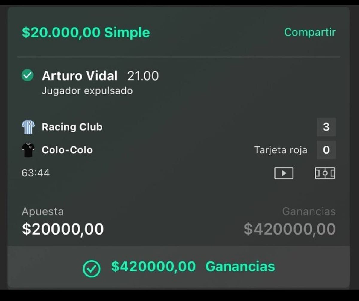 La expulsión de Arturo Vidal pagaba 21 veces lo apostado al momento de producirse.