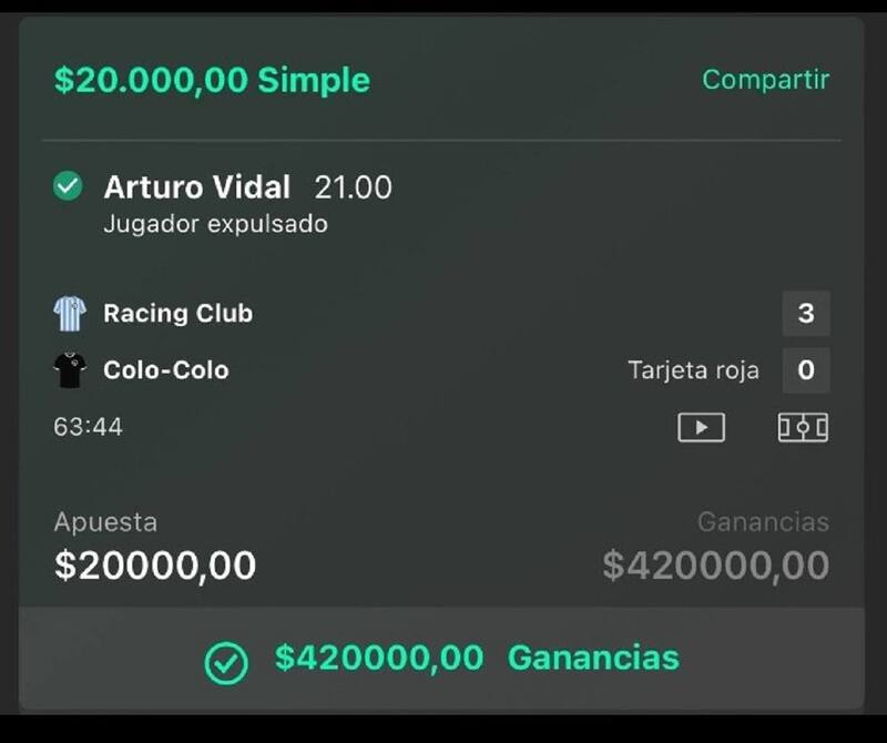 La expulsión de Arturo Vidal pagaba 21 veces lo apostado al momento de producirse.