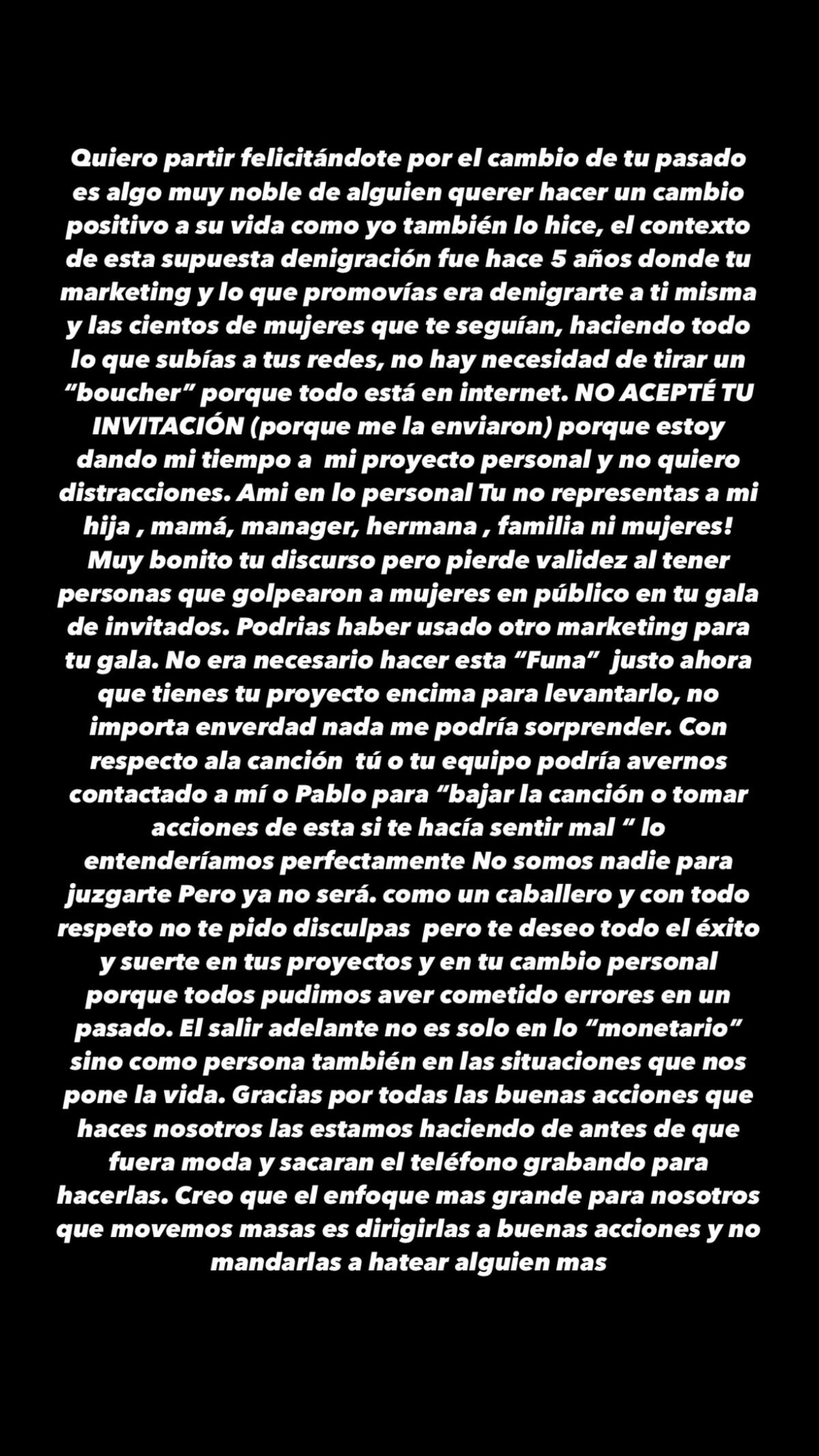 Este fue la extensa historia de Instagram en donde el cantante se refirió a la famosa.