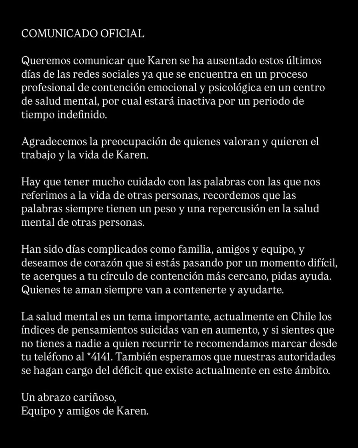 Comunicado publicado en las redes oficiales de la artista.