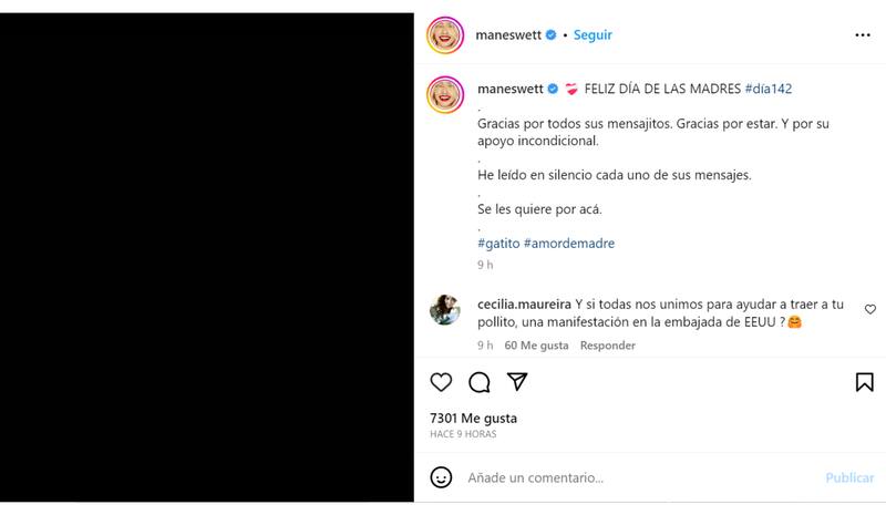 Publicación de Instagram de Mane Swett