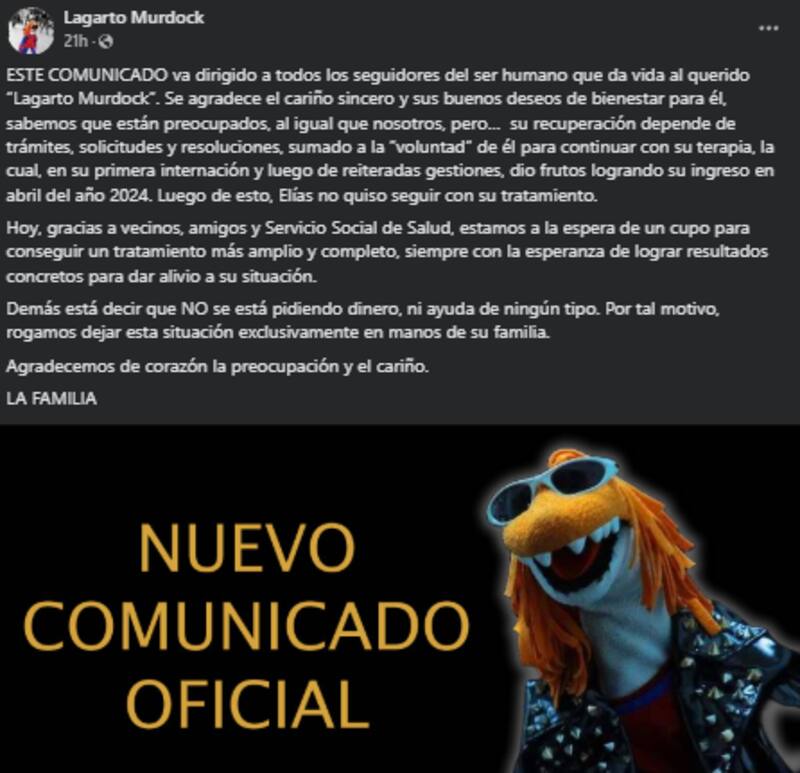 Su familia a través de su cuenta de Facebook publicó un informe sobre el estado de salud del humorista. Créditos Captura: Facebook.