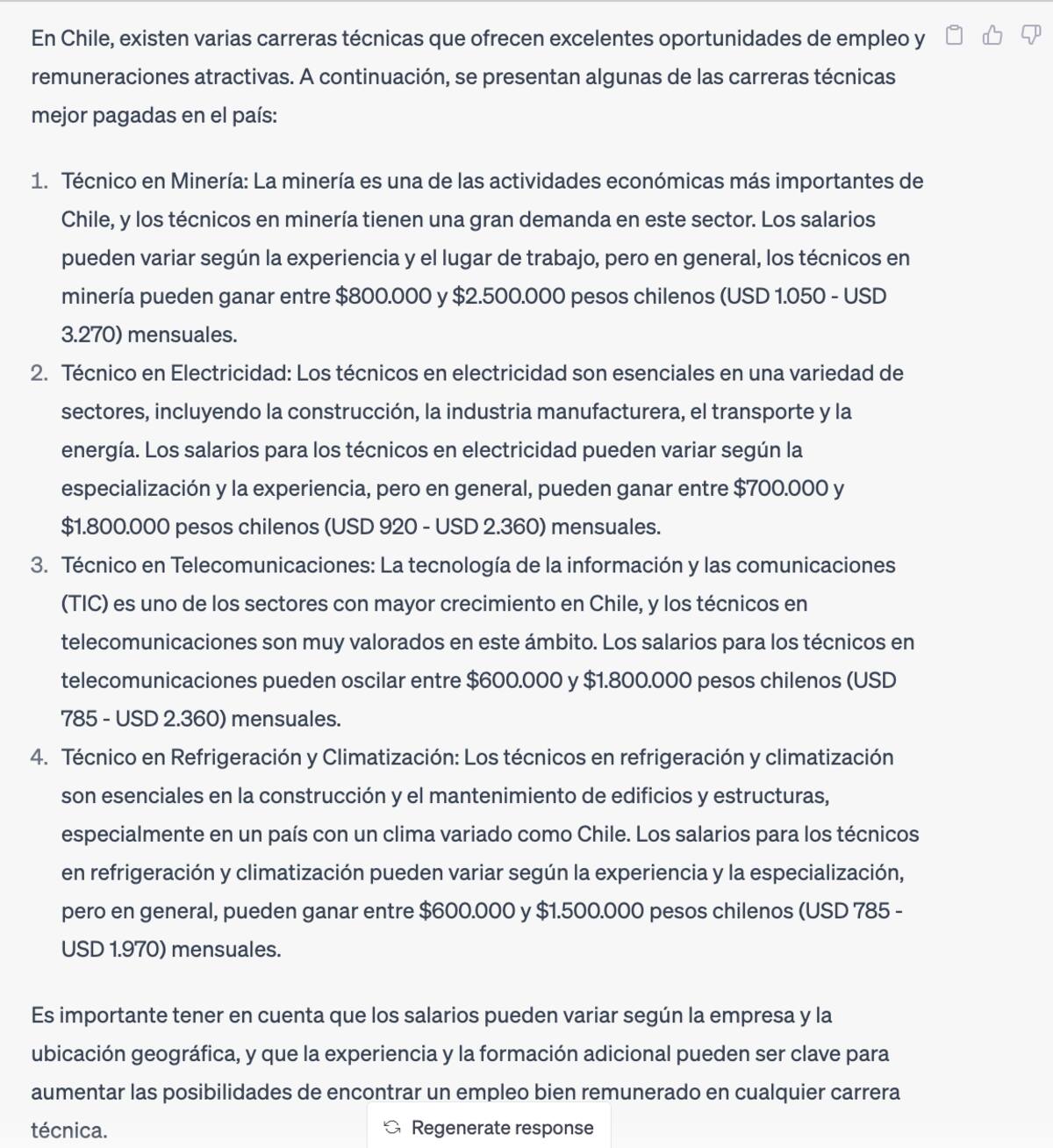Según la API de OpenAI estas son las cuatro carreras técnicas mejor pagadas en Chile.