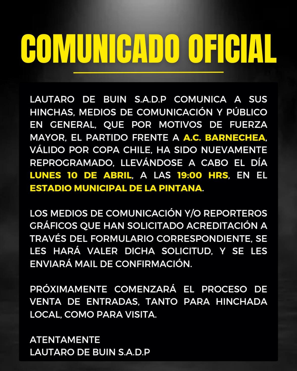 El club anunció una nueva reprogramación del partido ante Barnechea.