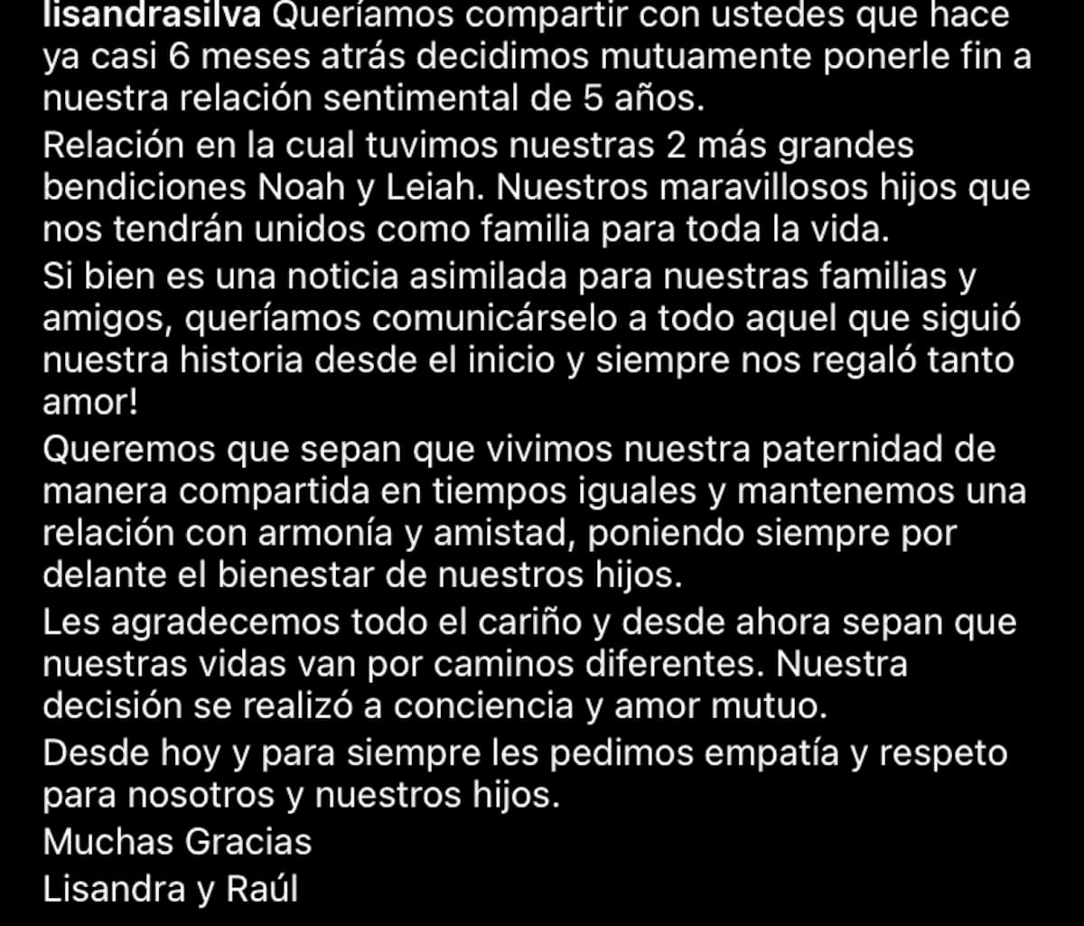 Lisandra Silva y Raúl Peralta confirman su separación.