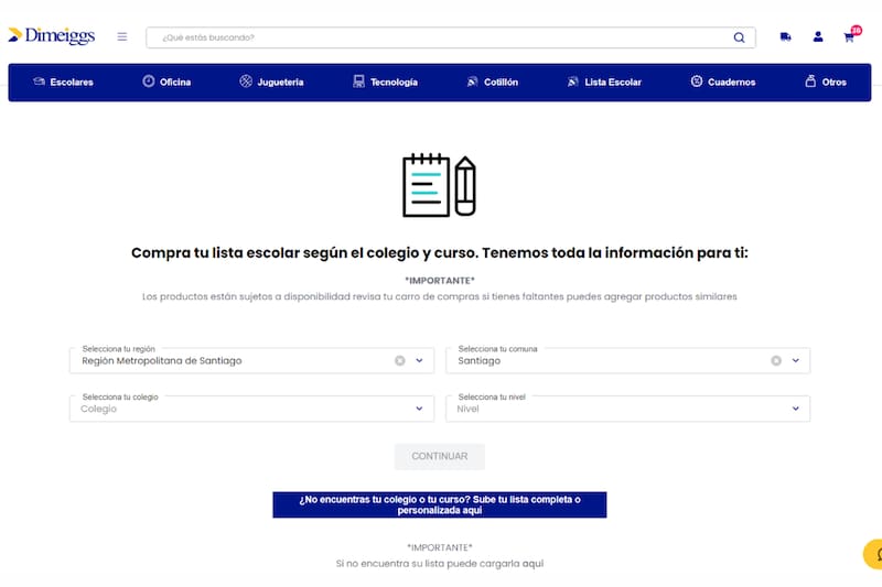 En la web, solo debes seleccionar la región, ciudad, nombre del establecimiento y curso para comprar la lista de útiles de tus hijos.