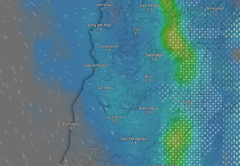 Este es el mapa que muestra la aplicación Windy para este viernes en la Región Metropolitana respecto a las precipitaciones.