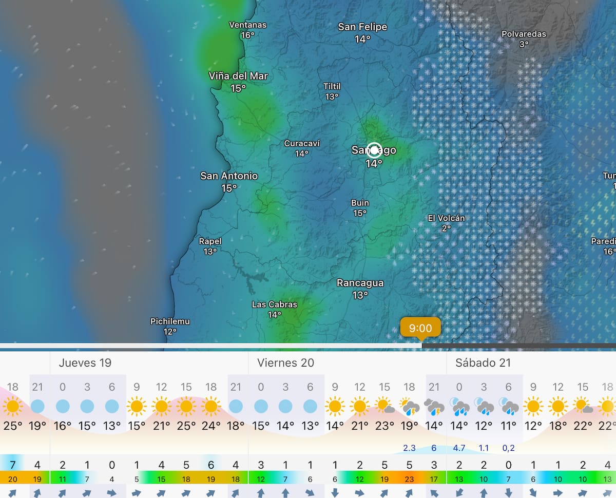 Las precipitaciones en Santiago llegarán en la tarde-noche del viernes 20 de marzo. Foto: Captura Windy.com.
