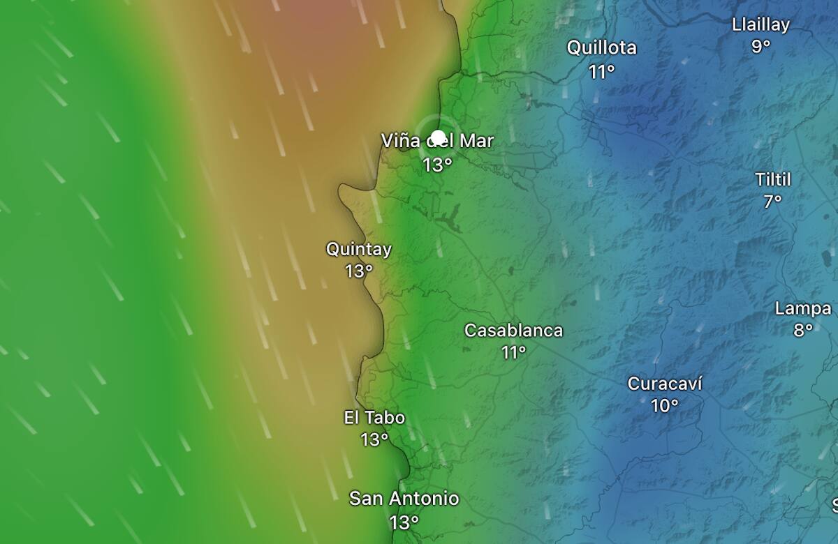 Lluvia en Viña del Mar y Valparaíso. Se espera que recién este sábado declinen las precipitaciones. Foto: Captura Windy