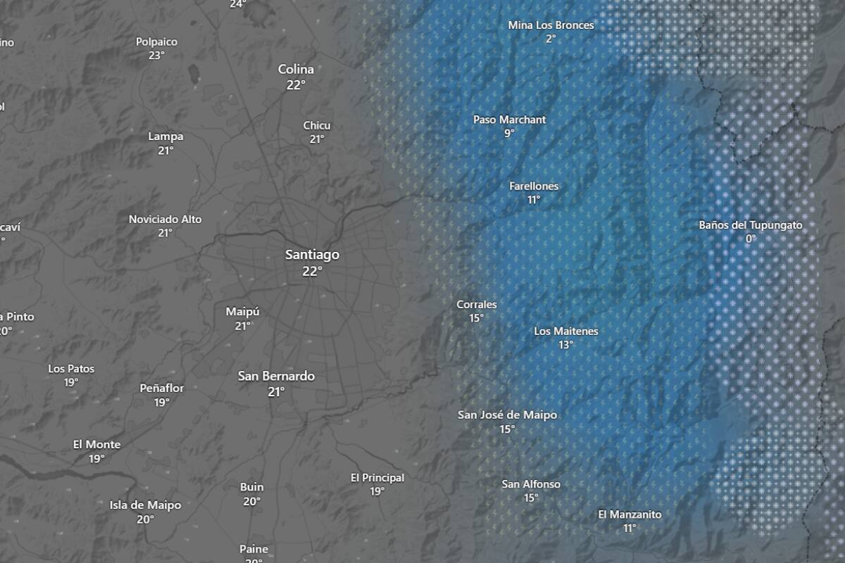 Lluvias en la Región Metropolitana. El peak de las precipitaciones ocurrirá a eso de las 19:00 horas de este jueves. Créditos: Windy.