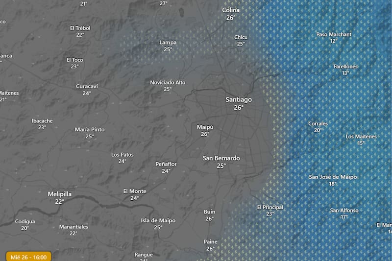 Las precipitaciones se extenderán en distintos sectores de la capital entre las 12:00 y las 21:00 horas este 26 de noviembre. Créditos: ECMWF - Windy.