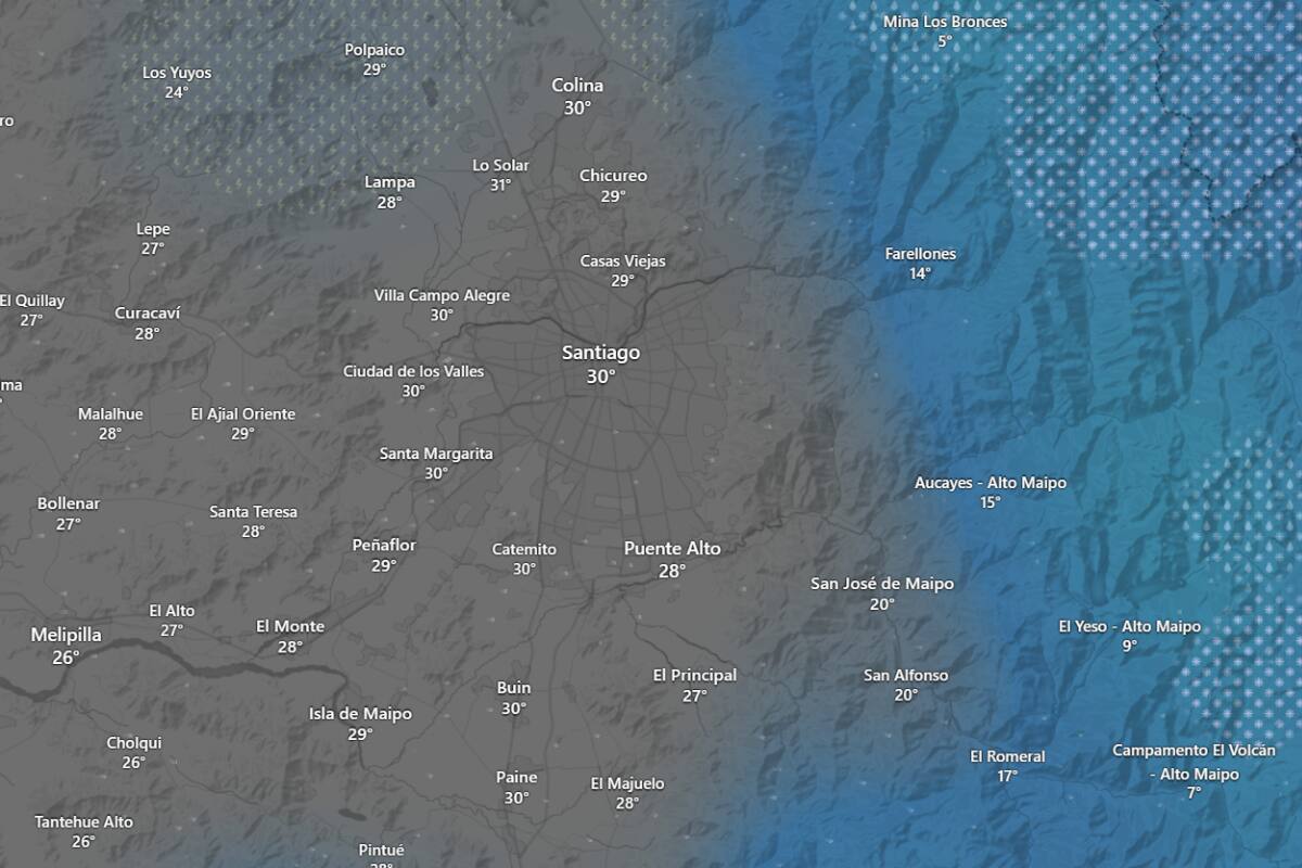 Durante el día, el agua caerá solo en los sectores cordilleranos y precordilleranos de la capital. Créditos: Windy.
