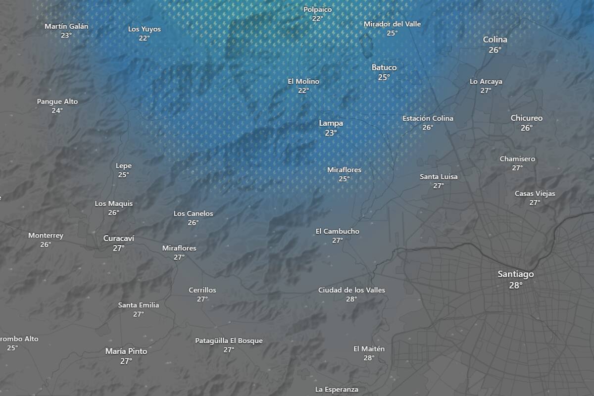 Las primeras precipitaciones caerán en la zona norte de la capital a contar de las 15:00 horas. Créditos: Windy.