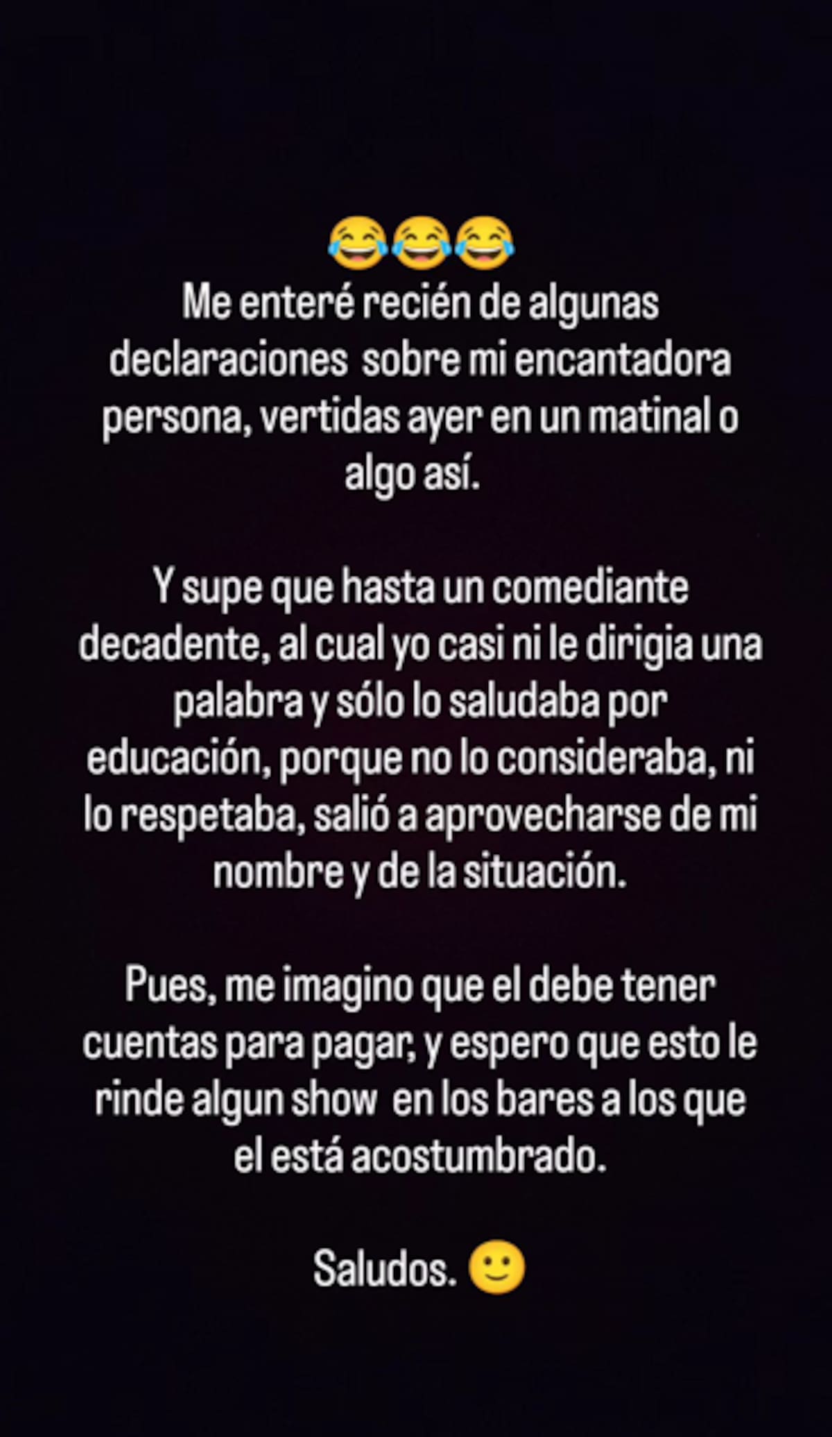 Este es el mensaje de Lola Melnyck que publicó en sus historias de Instagram
