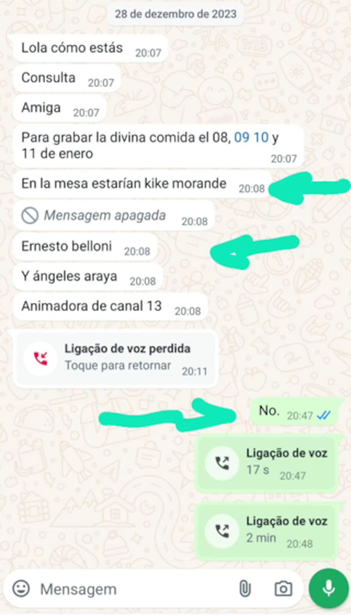 El pantallazo de Whatsapp de Lola Melnyck en el que la invitaban a "La Divina Comida"