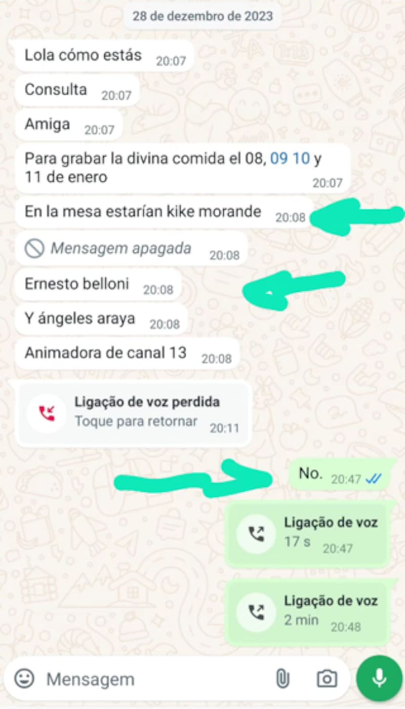 El pantallazo de Whatsapp de Lola Melnyck en el que la invitaban a "La Divina Comida"