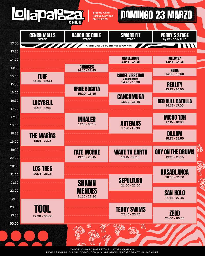 Horarios de las bandas del domingo 23 de marzo.
