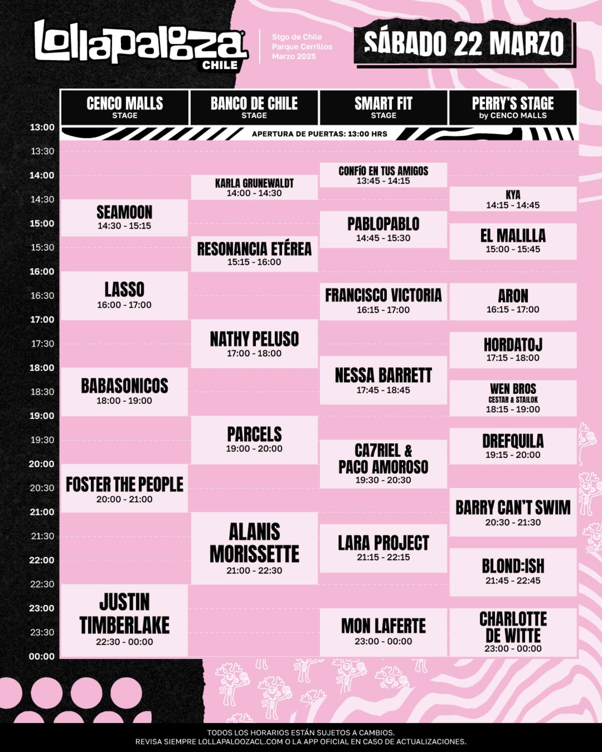 Horarios de las bandas del sábado 22 de marzo.