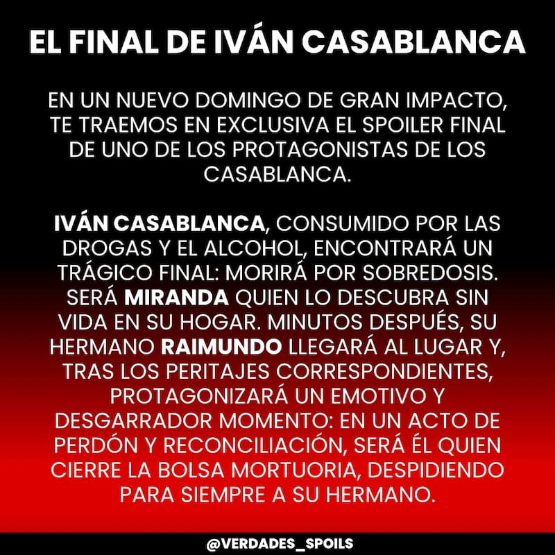La teleserie vivirá la trágica muerte de Iván Casablanca.