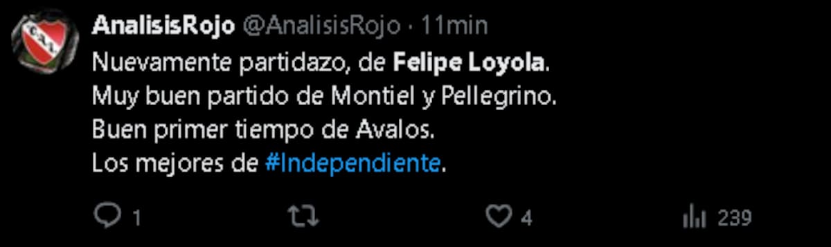 Los elogios de los hinchas de Independiente a Felipe Loyola tras el partido ante River.